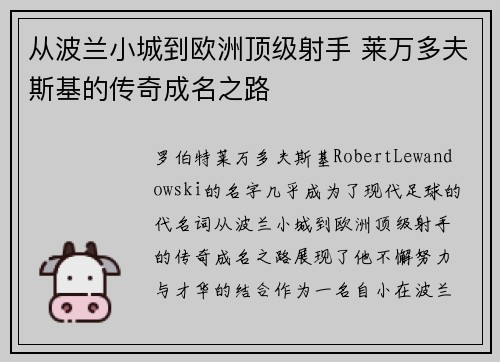 从波兰小城到欧洲顶级射手 莱万多夫斯基的传奇成名之路 从波兰小城到欧洲顶级射手 莱万多夫斯基的传奇成名之路